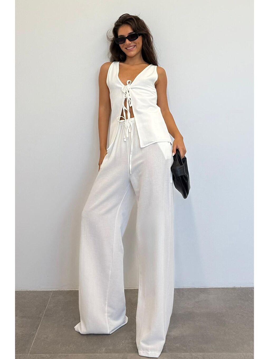 Ekru Önü Bağlamalı Yelek Pantolon Kadın Takım Mg2403