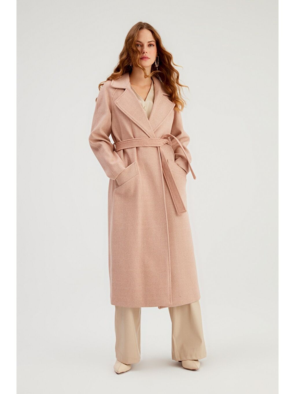 Pembe Kuşaklı Uzun Kaban - Pudra-4