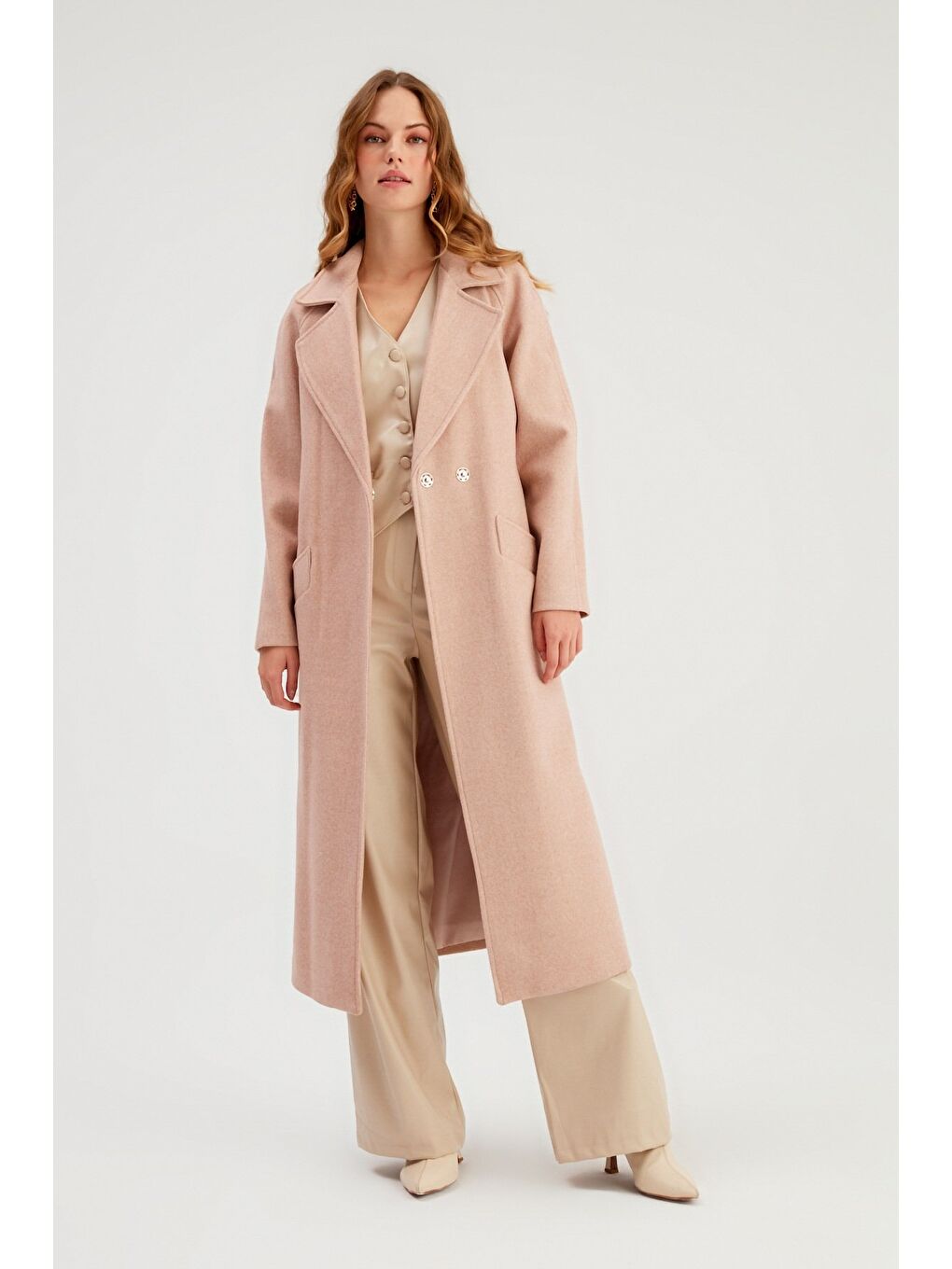 Pembe Kuşaklı Uzun Kaban - Pudra-5