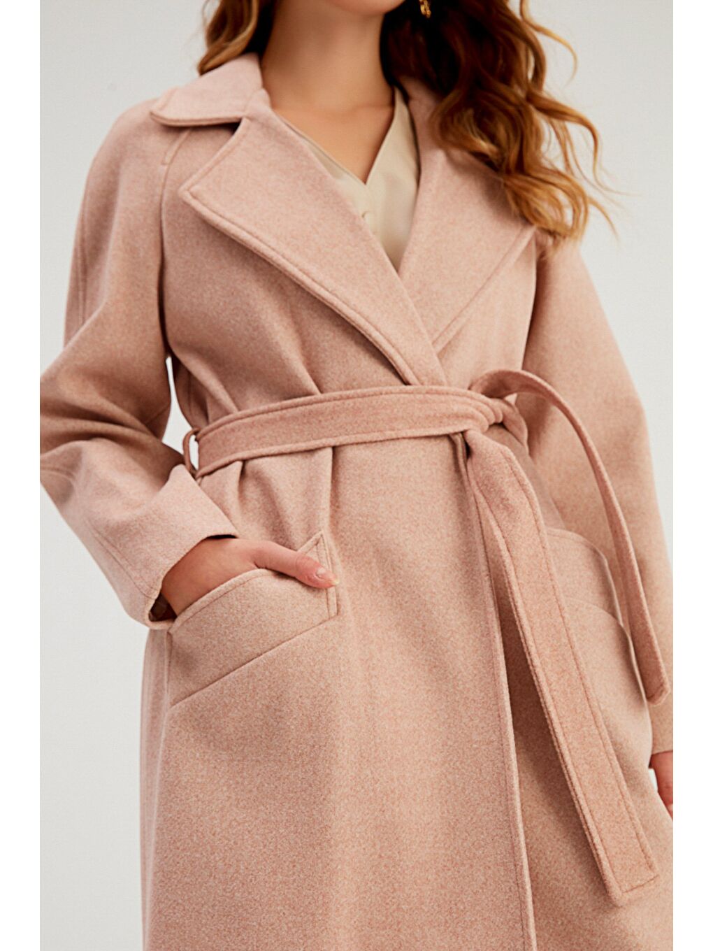 Pembe Kuşaklı Uzun Kaban - Pudra-6