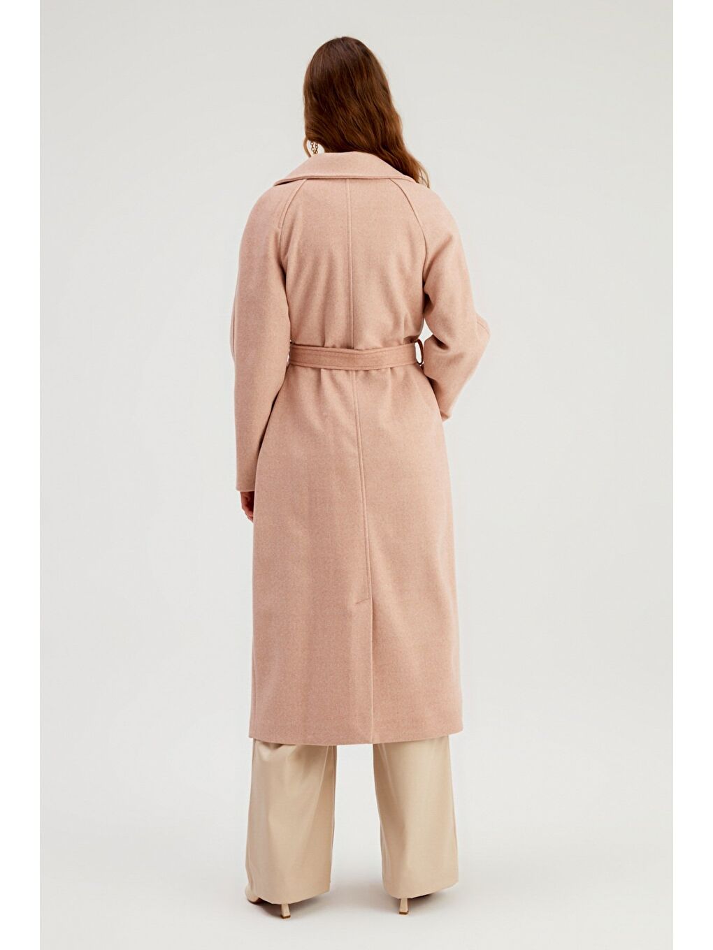 Pembe Kuşaklı Uzun Kaban - Pudra-7