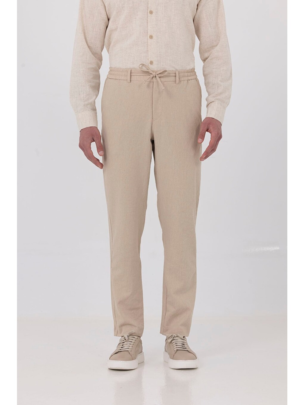 Bej Keten Görünümlü Arka Lastikli Köprü Kemerli Bağcıklı Regular Fit Jogger Pantolon