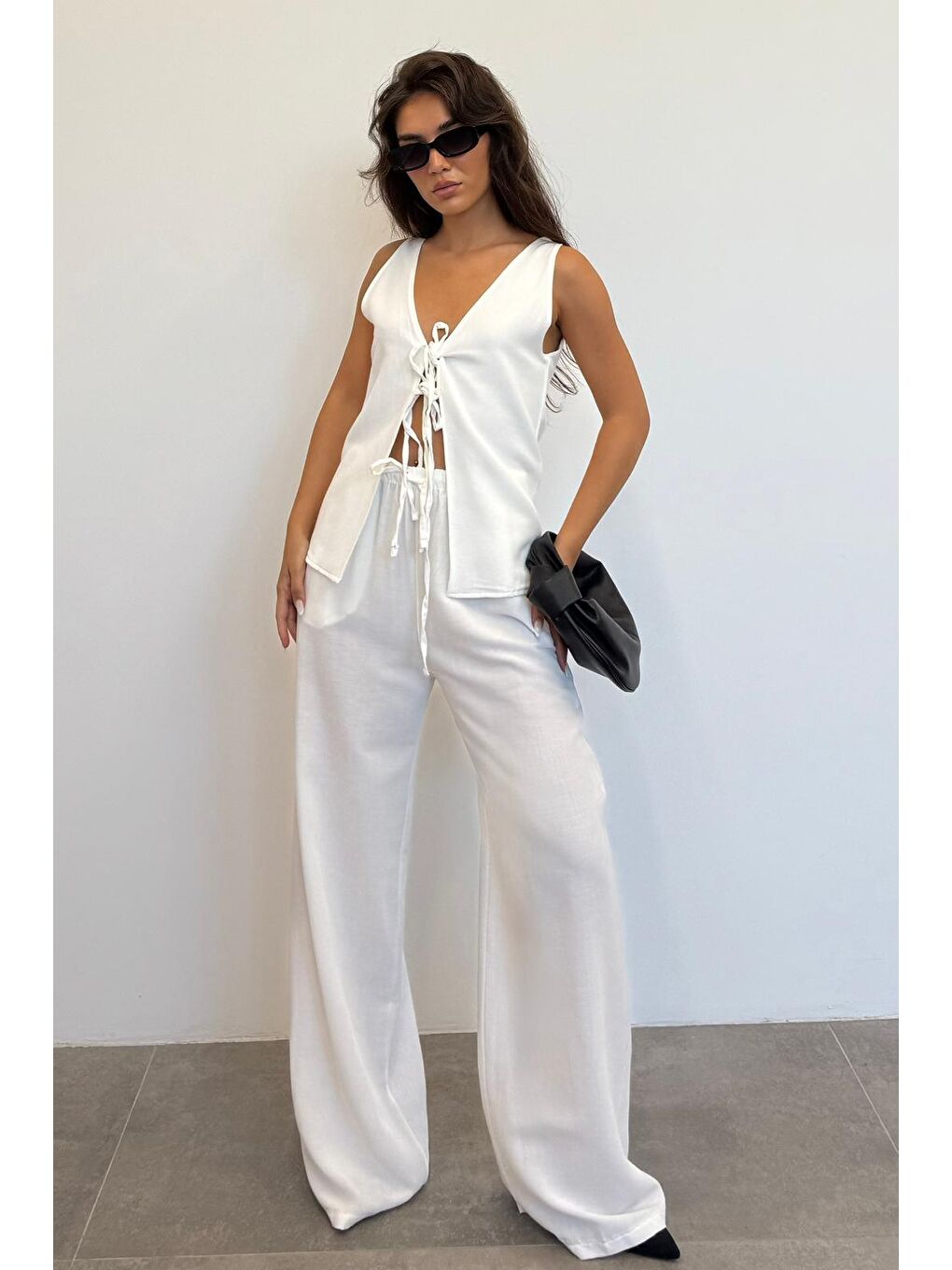 Ekru Önü Bağlamalı Yelek Pantolon Kadın Takım Mg2403-2