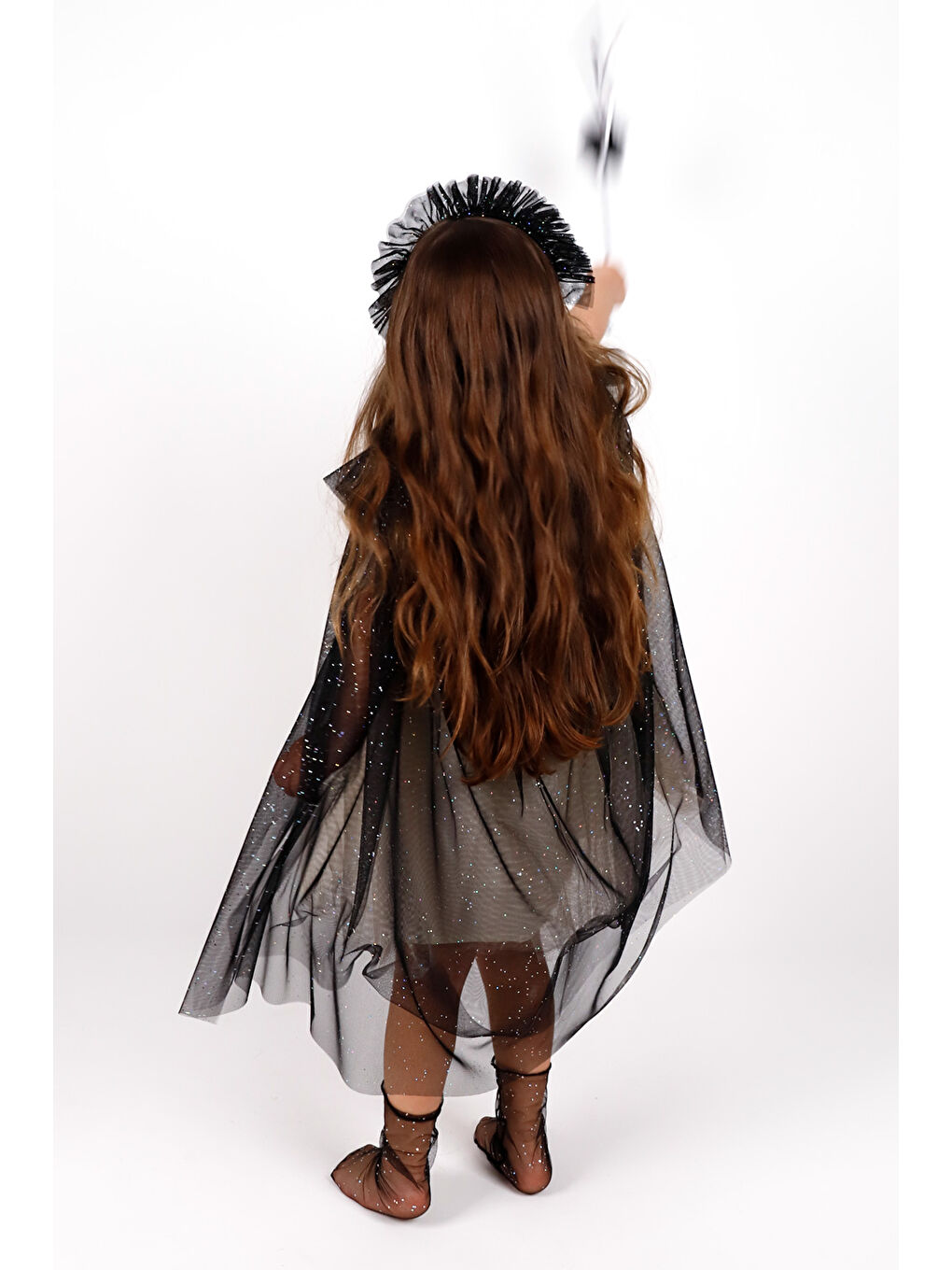 Siyah  Kız Çocuk Simli Pelerin Asa ve Taç Set-1