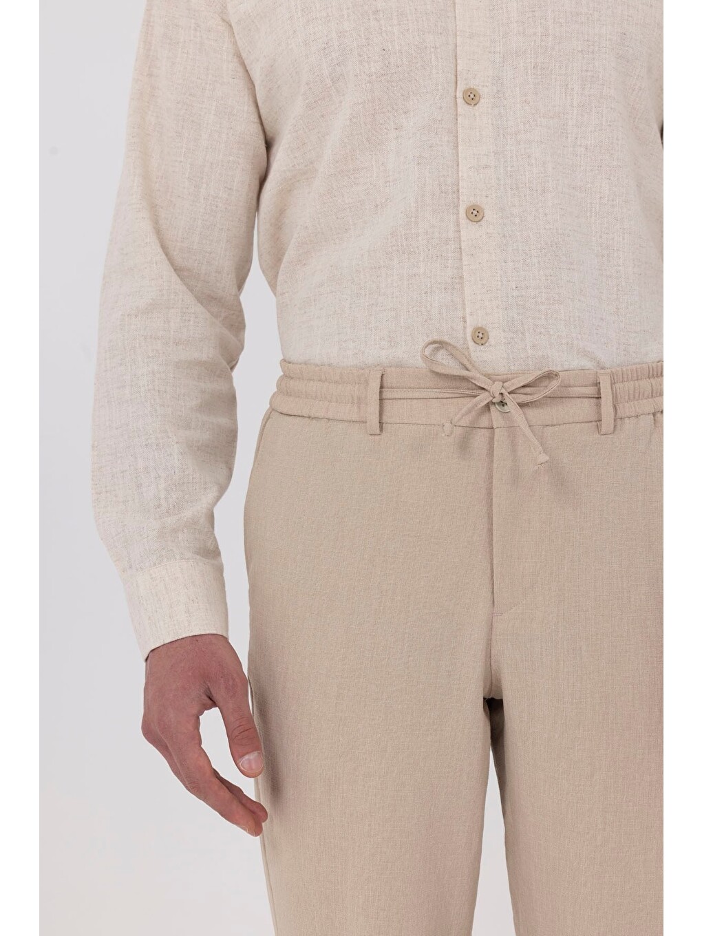 Bej Keten Görünümlü Arka Lastikli Köprü Kemerli Bağcıklı Regular Fit Jogger Pantolon-3