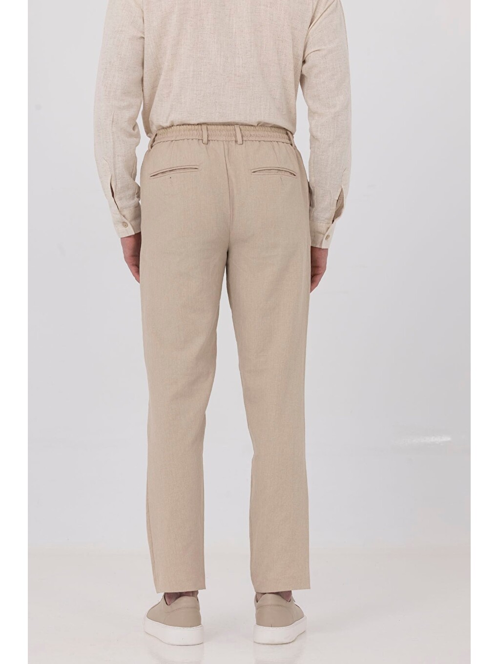 Bej Keten Görünümlü Arka Lastikli Köprü Kemerli Bağcıklı Regular Fit Jogger Pantolon-4