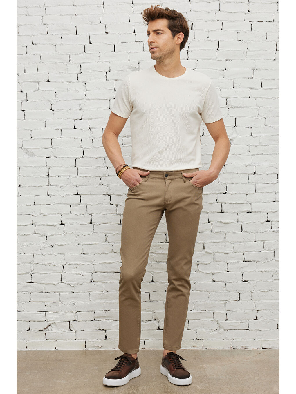 Erkek Bej Slim Fit Dar Kesim 5 Cep Armürlü Esnek Pantolon