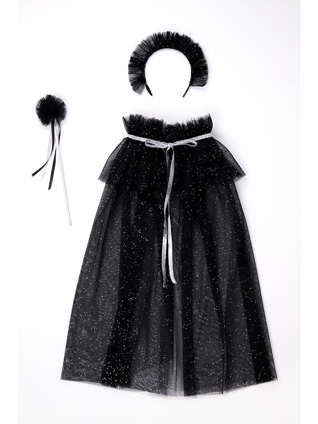 Siyah  Kız Çocuk Simli Pelerin Asa ve Taç Set-3