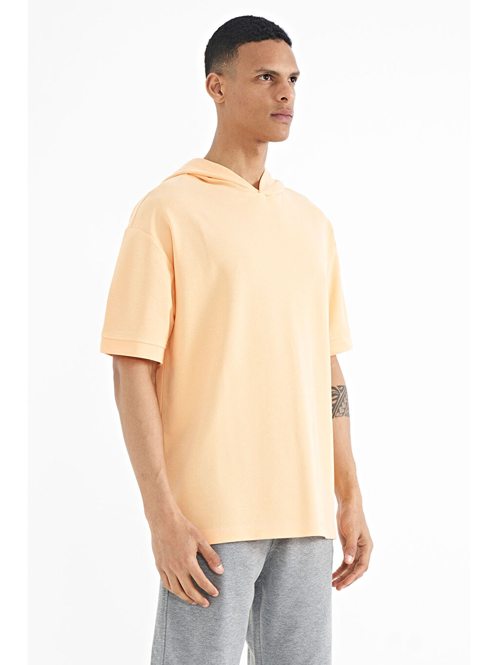Turuncu Kavun Içi Kapüşonlu Kol Etiket Detaylı Oversize Erkek Tişört - 88179-2