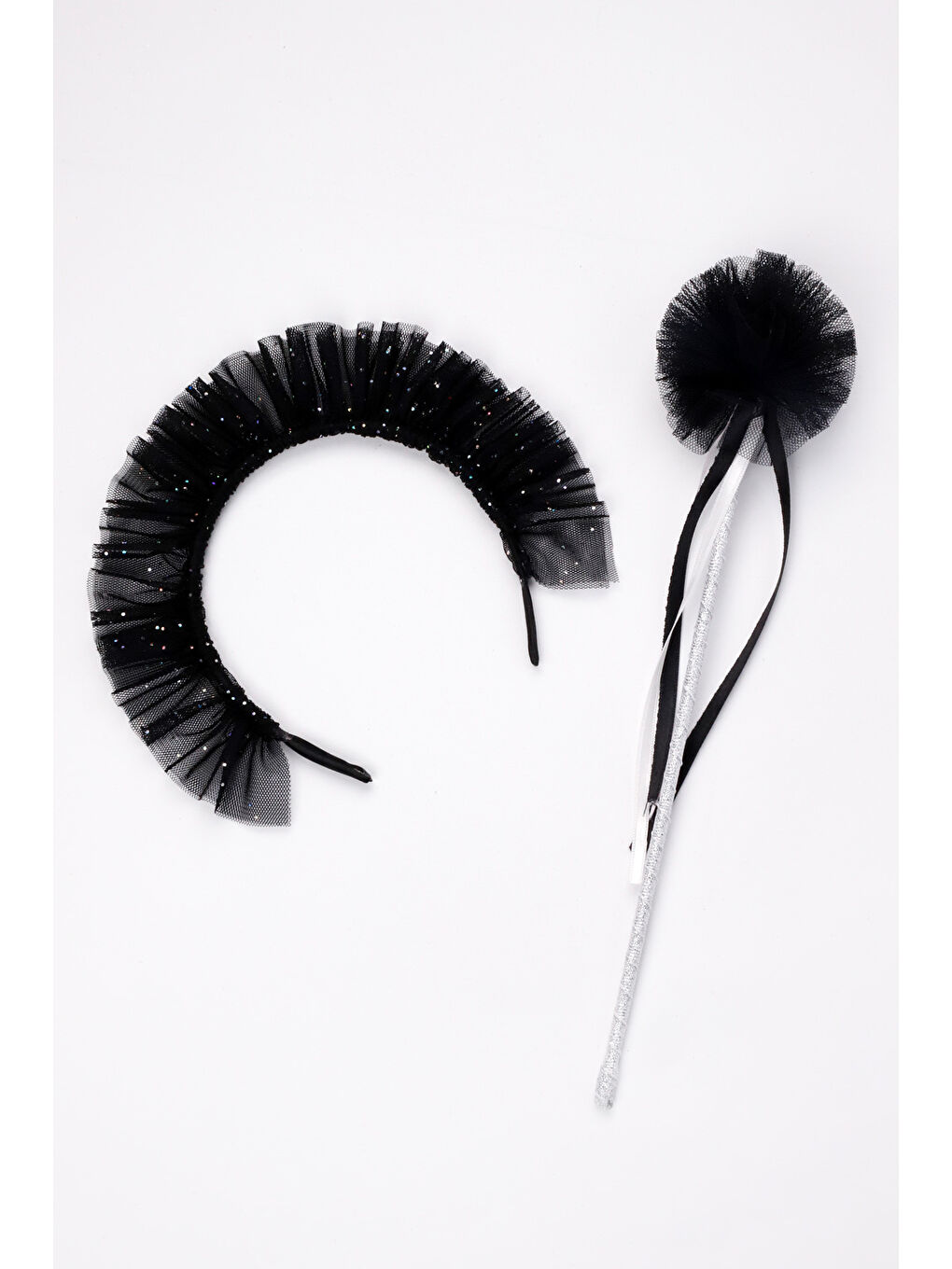 Siyah  Kız Çocuk Simli Pelerin Asa ve Taç Set-5