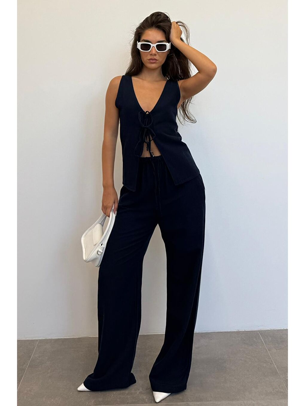 Lacivert Önü Bağlamalı Yelek Pantolon Kadın Takım Mg2403-4
