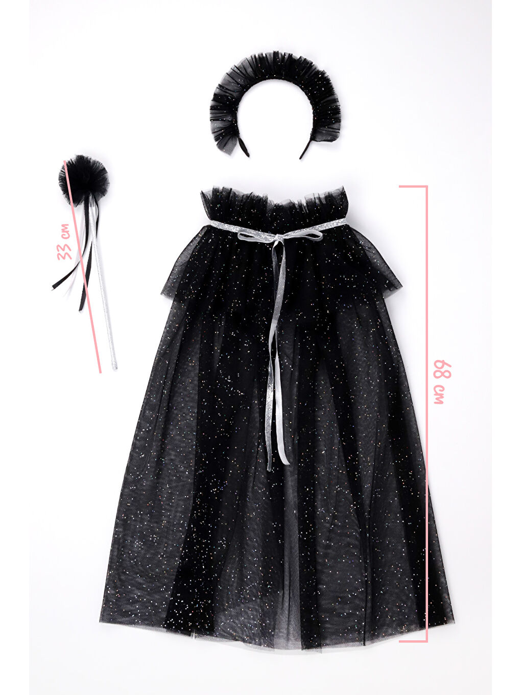 Siyah  Kız Çocuk Simli Pelerin Asa ve Taç Set-6