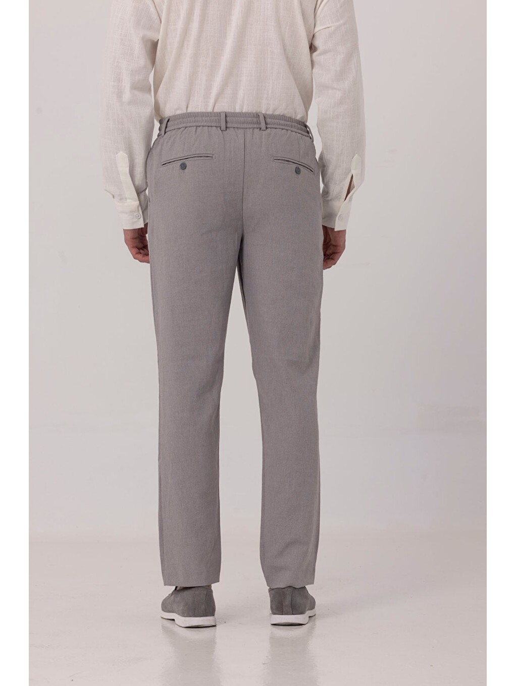 Gri Keten Görünümlü Arka Lastikli Köprü Kemerli Bağcıklı Regular Fit Jogger Pantolon-4