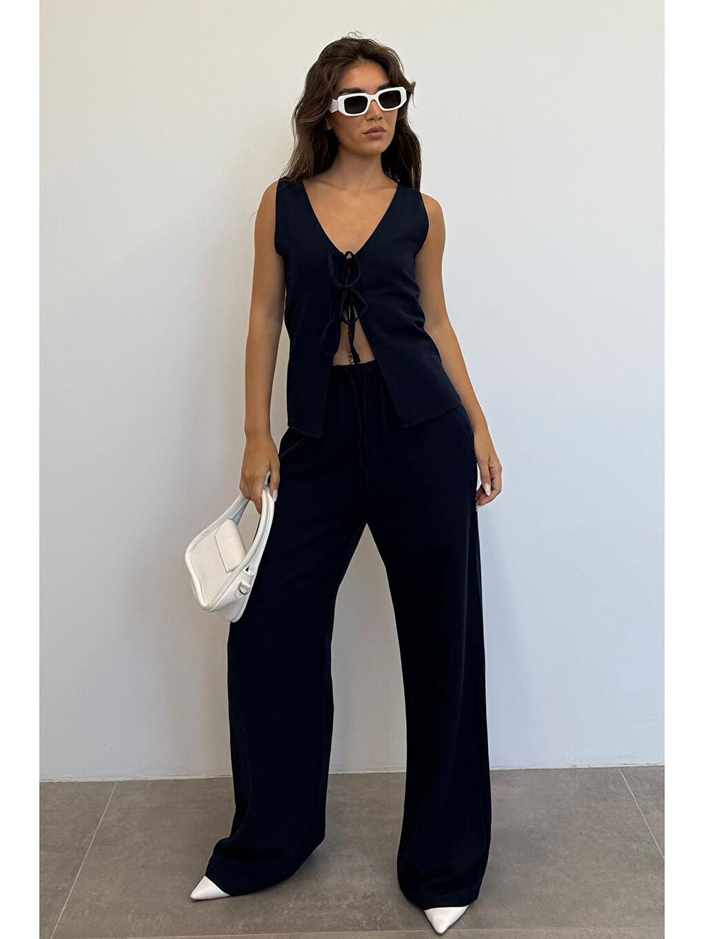 Lacivert Önü Bağlamalı Yelek Pantolon Kadın Takım Mg2403-5