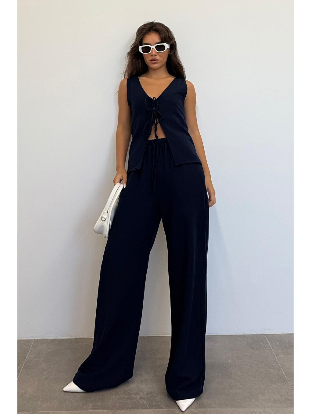 Lacivert Önü Bağlamalı Yelek Pantolon Kadın Takım Mg2403-6