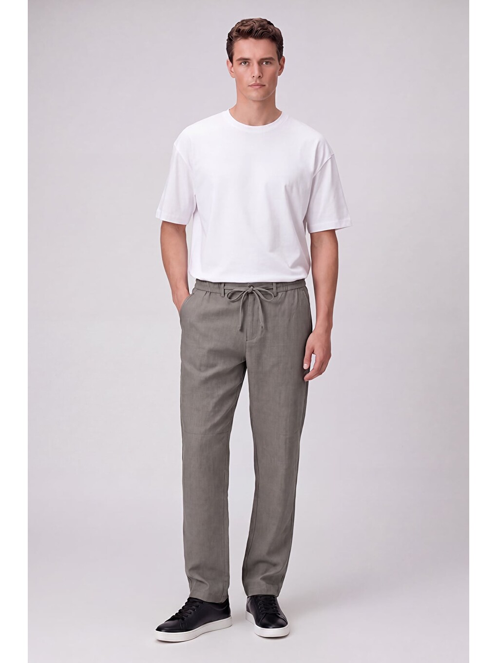 Haki Keten Görünümlü Arka Lastikli Köprü Kemerli Bağcıklı Regular Fit Jogger Pantolon-1