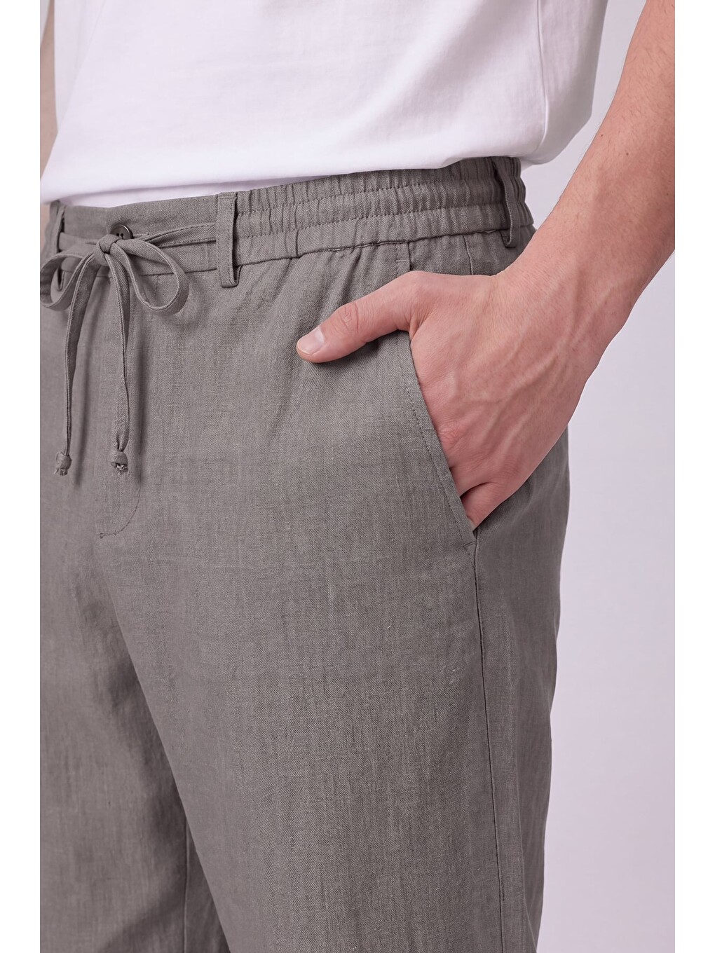Haki Keten Görünümlü Arka Lastikli Köprü Kemerli Bağcıklı Regular Fit Jogger Pantolon-2