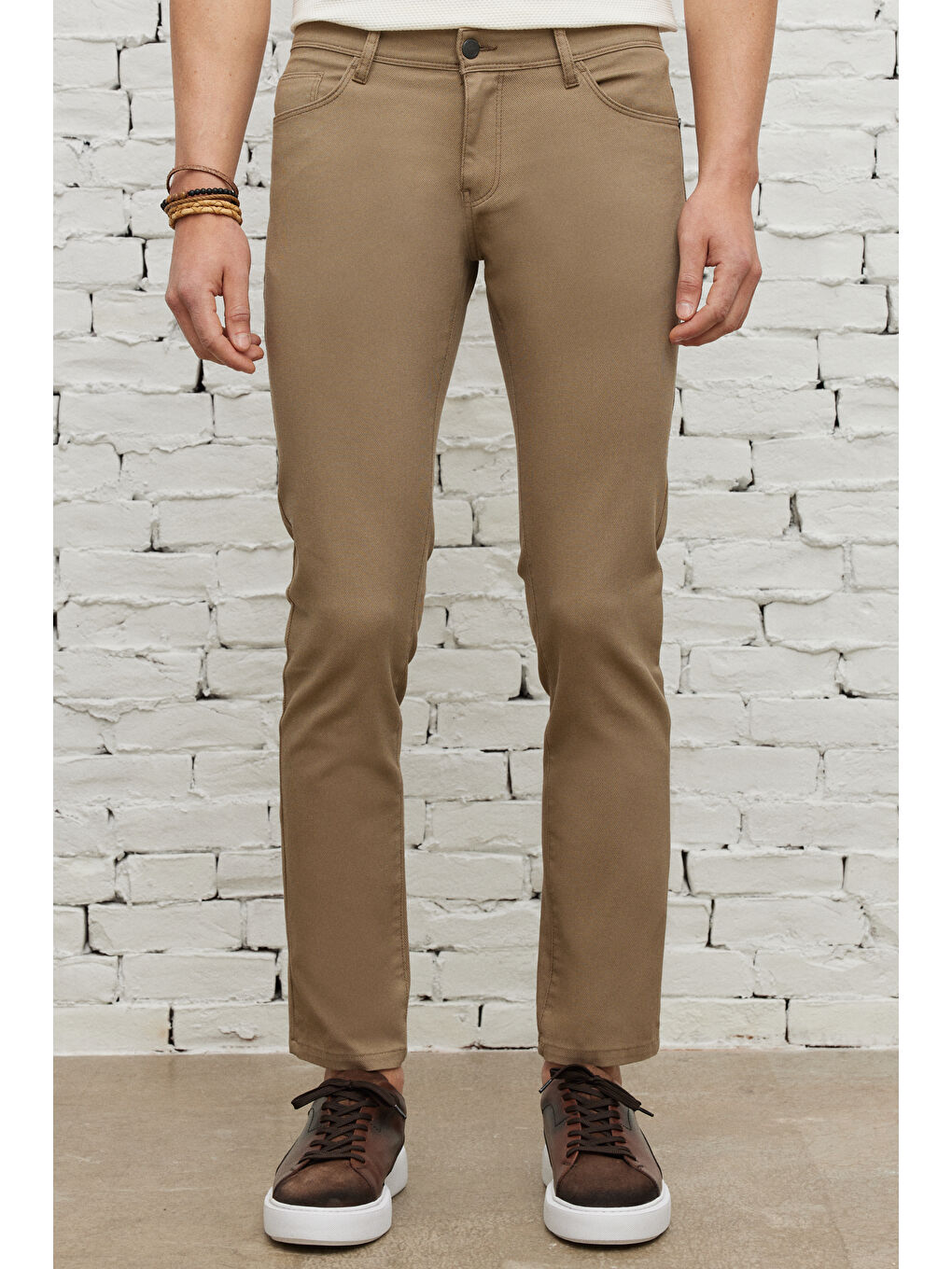 Erkek Bej Slim Fit Dar Kesim 5 Cep Armürlü Esnek Pantolon-1