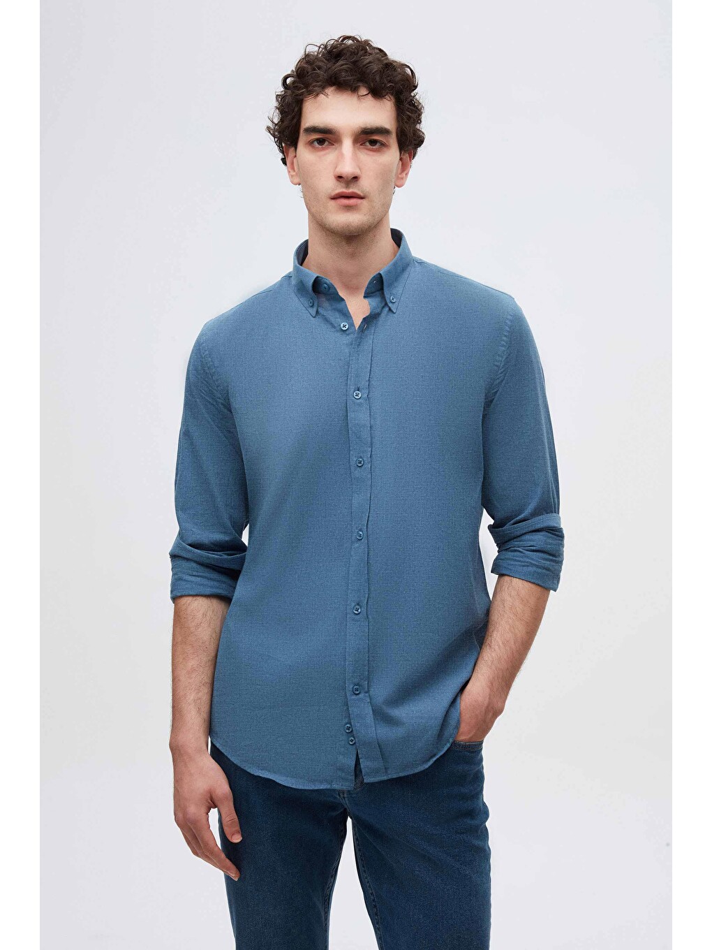 Slim Fit İndigo Düğmeli Yaka %100 Pamuk Yazlık Flamlı Keten Görünümlü Gömlek-0