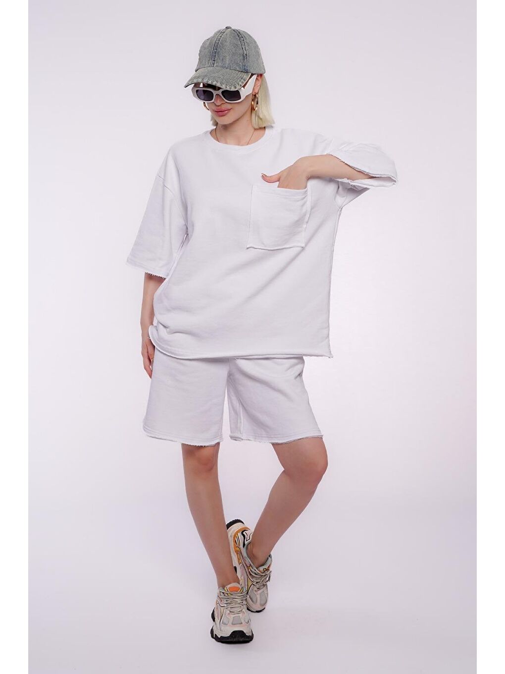 Beyaz Kısa Kollu Şort Takım Mg1981-3