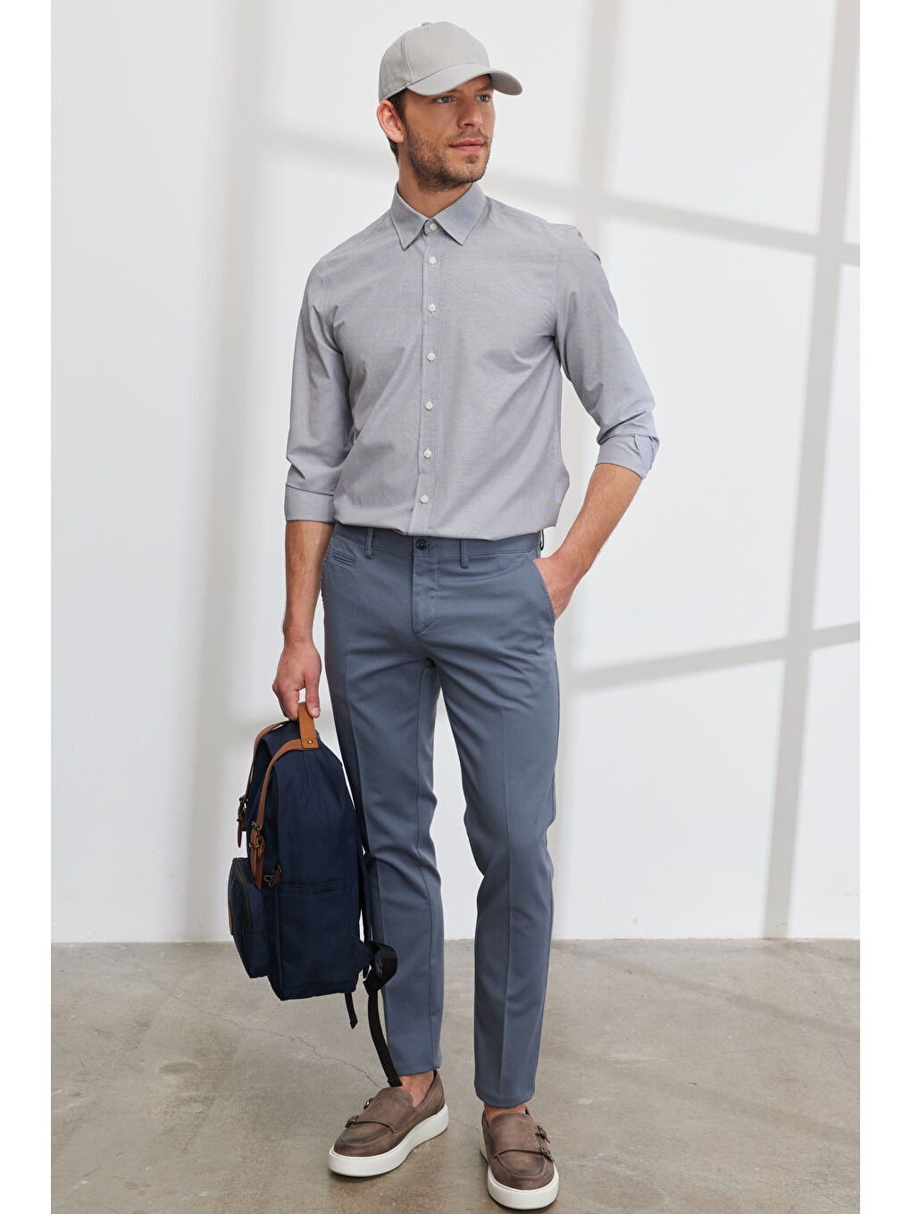 Erkek Petrol Slim Fit Dar Kesim Yan Cepli Pamuklu Esnek Armürlü Pantolon