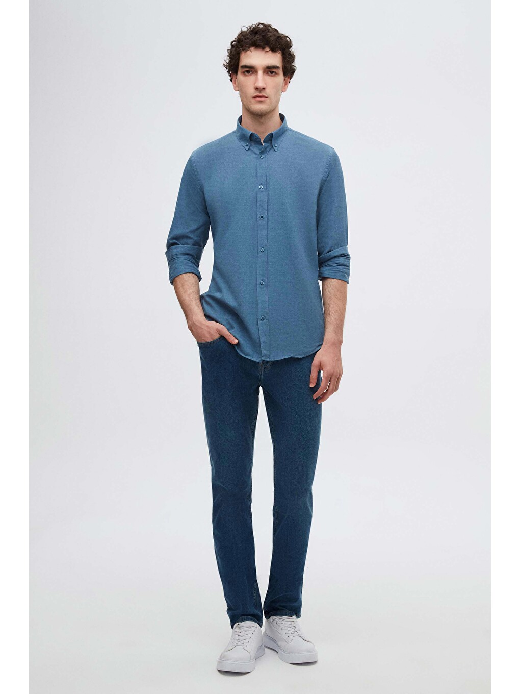 Slim Fit İndigo Düğmeli Yaka %100 Pamuk Yazlık Flamlı Keten Görünümlü Gömlek-2