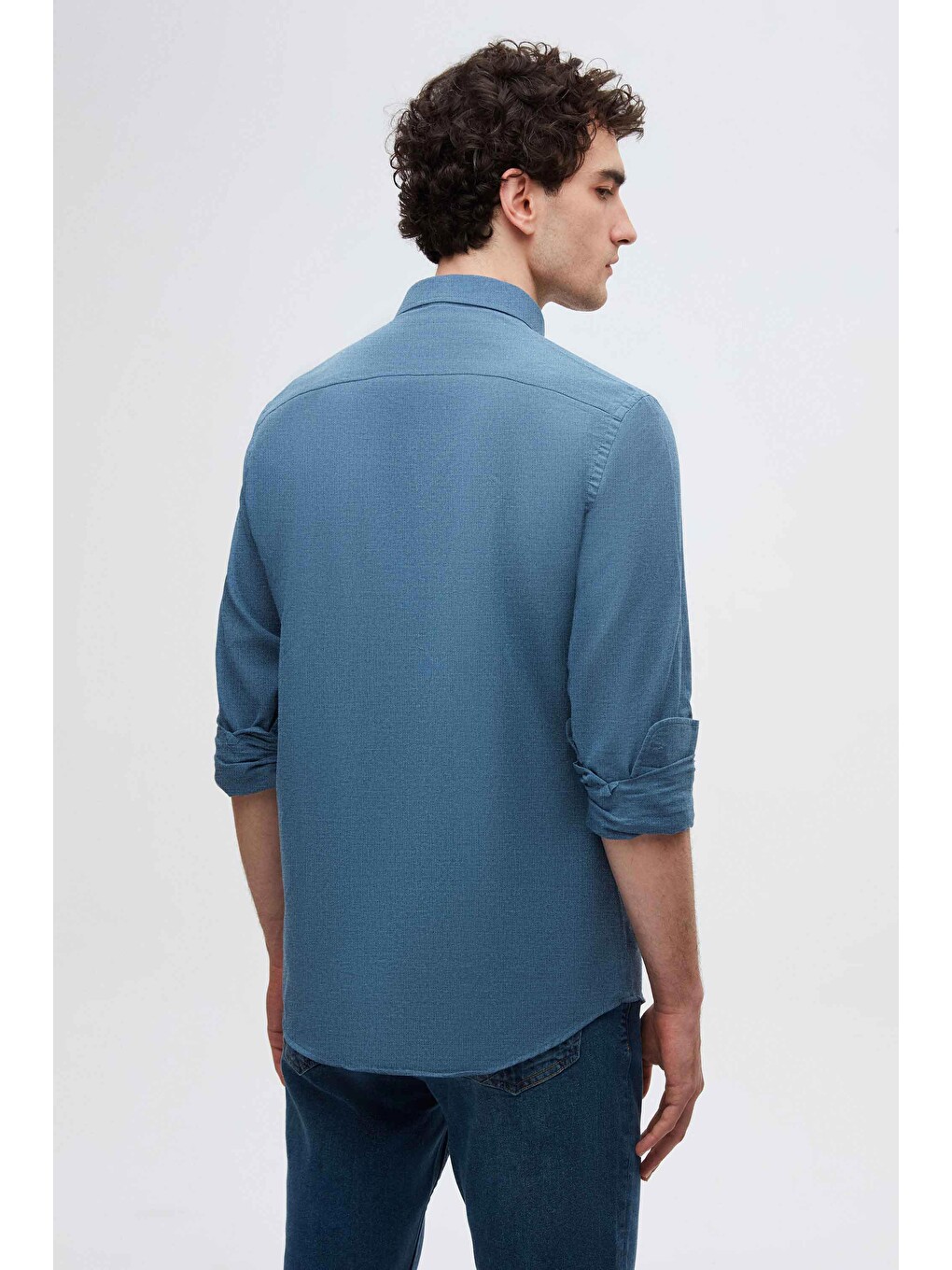 Slim Fit İndigo Düğmeli Yaka %100 Pamuk Yazlık Flamlı Keten Görünümlü Gömlek-3