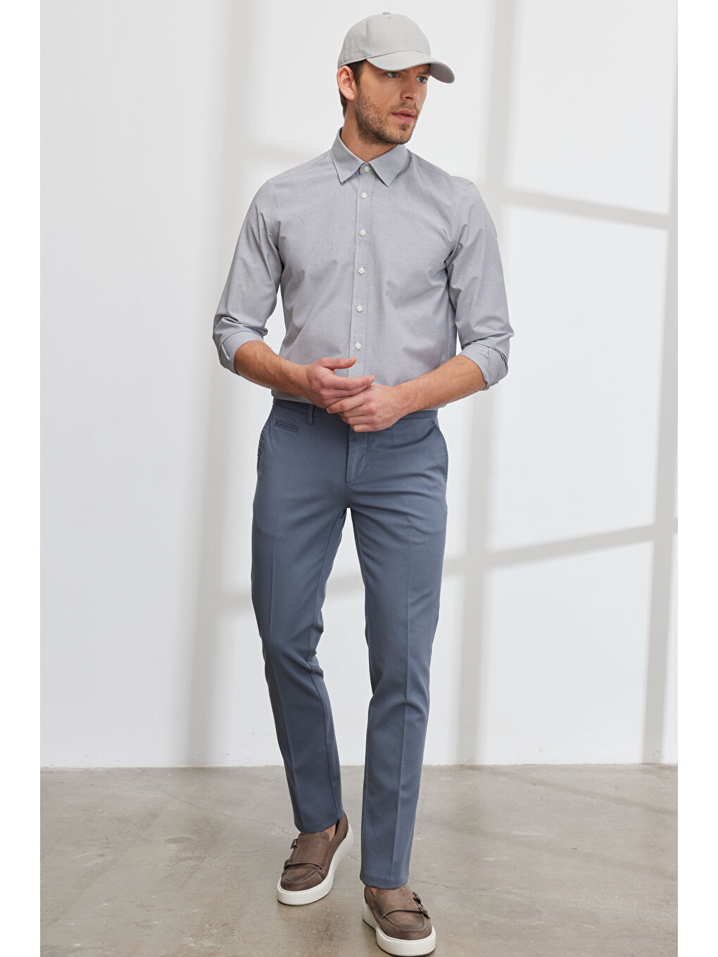 Erkek Petrol Slim Fit Dar Kesim Yan Cepli Pamuklu Esnek Armürlü Pantolon-1