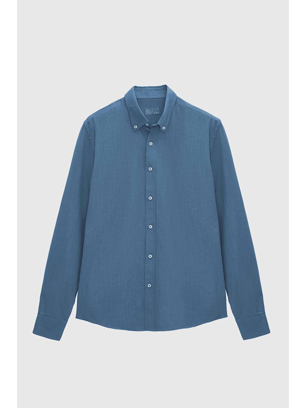 Slim Fit İndigo Düğmeli Yaka %100 Pamuk Yazlık Flamlı Keten Görünümlü Gömlek-4