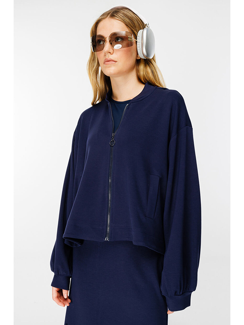 Fermuar Detaylı Bomber Lacivert Ceket