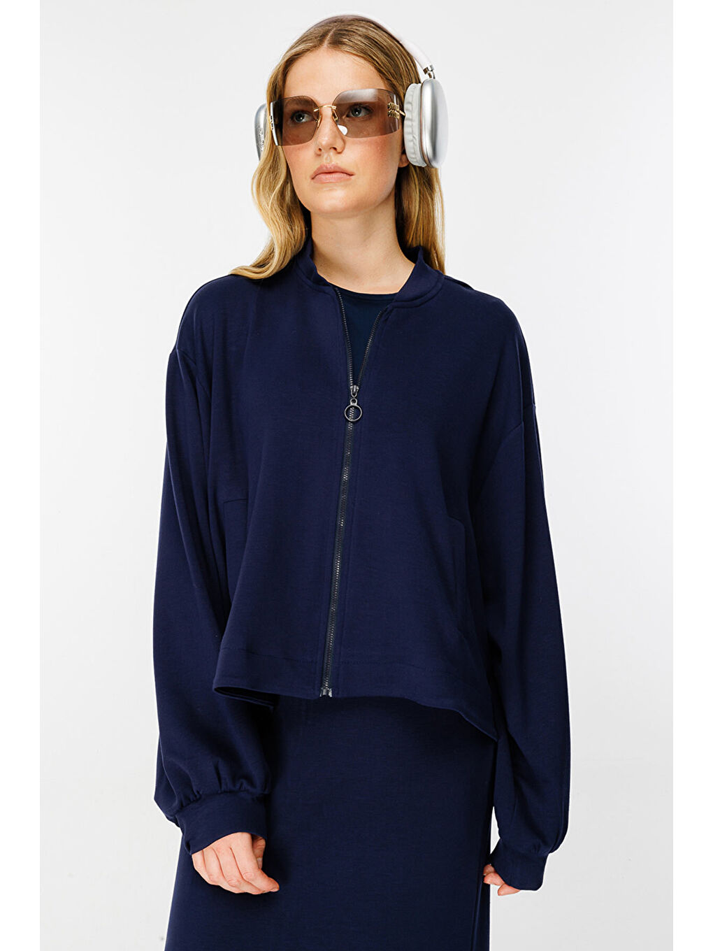 Fermuar Detaylı Bomber Lacivert Ceket-3