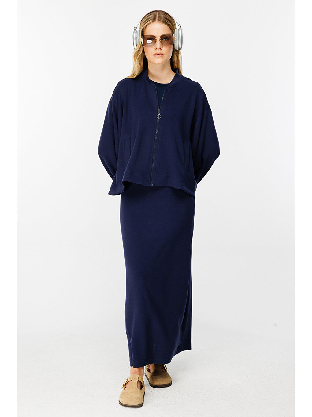 Fermuar Detaylı Bomber Lacivert Ceket-4