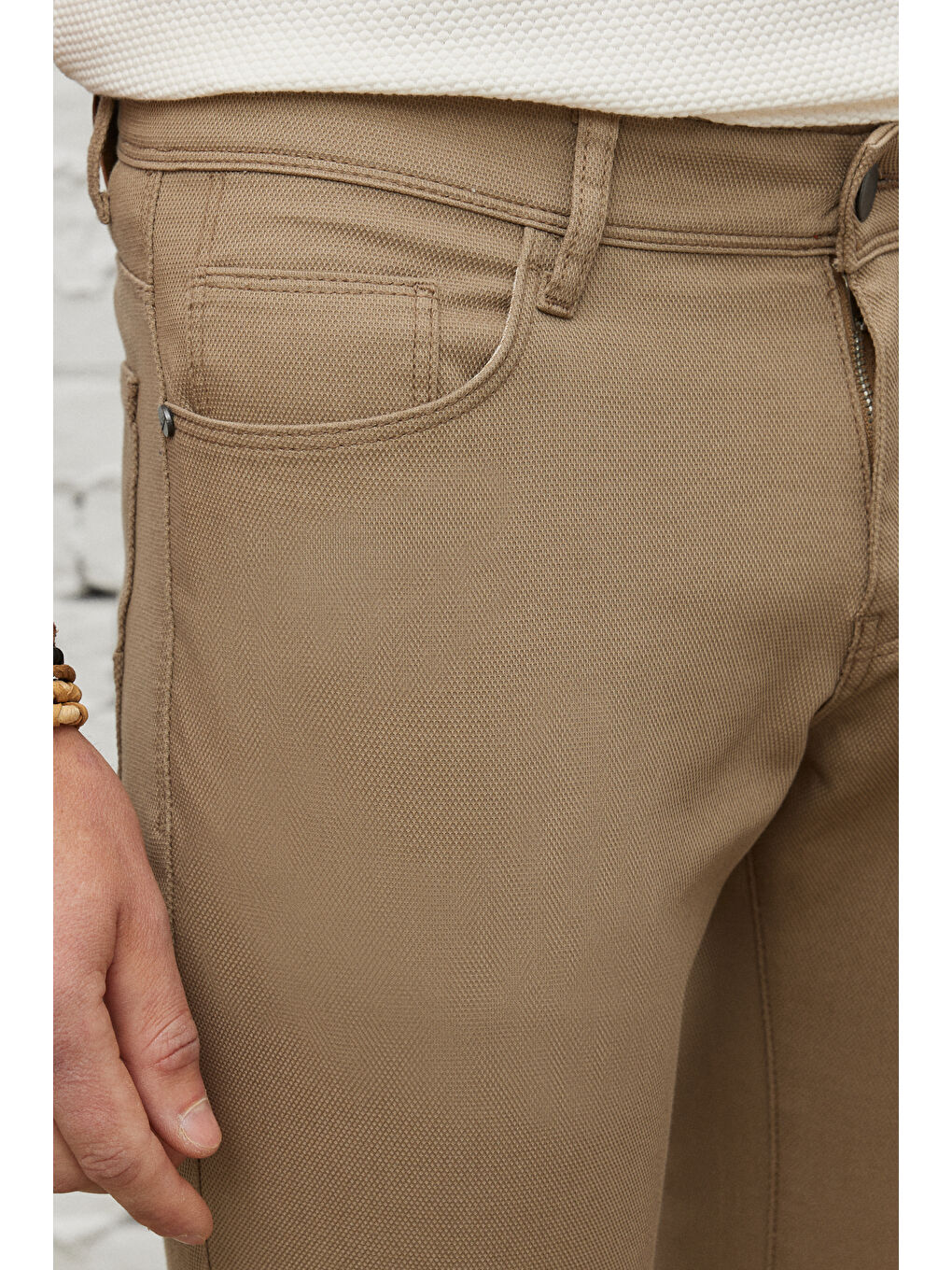 Erkek Bej Slim Fit Dar Kesim 5 Cep Armürlü Esnek Pantolon-4
