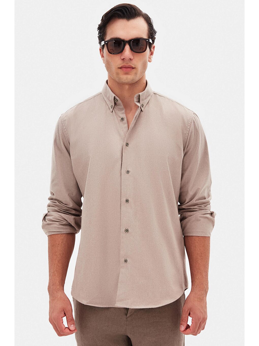 Bej Regular Fit Vizon Düz Kışlık Flanel Gömlek