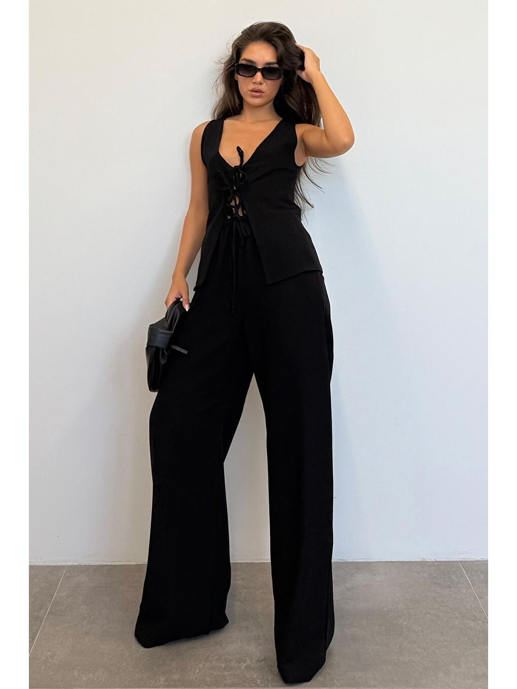 Siyah Önü Bağlamalı Yelek Pantolon Kadın Takım Mg2403-1