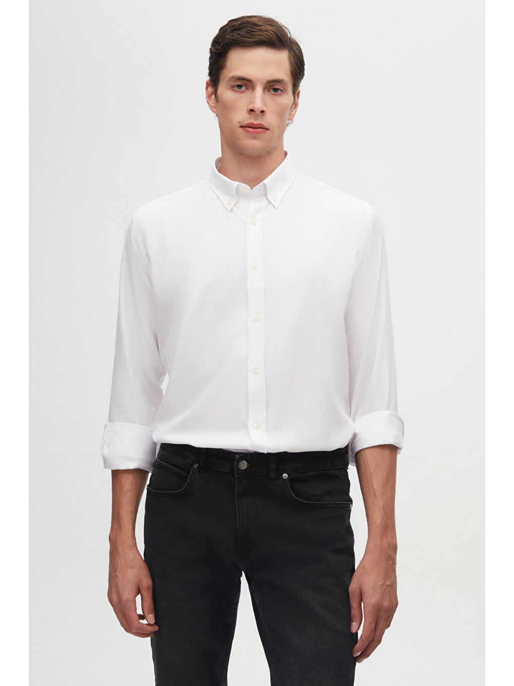 Slim Fit Beyaz Armürlü Düğmeli Yaka Pamuklu Gömlek-1