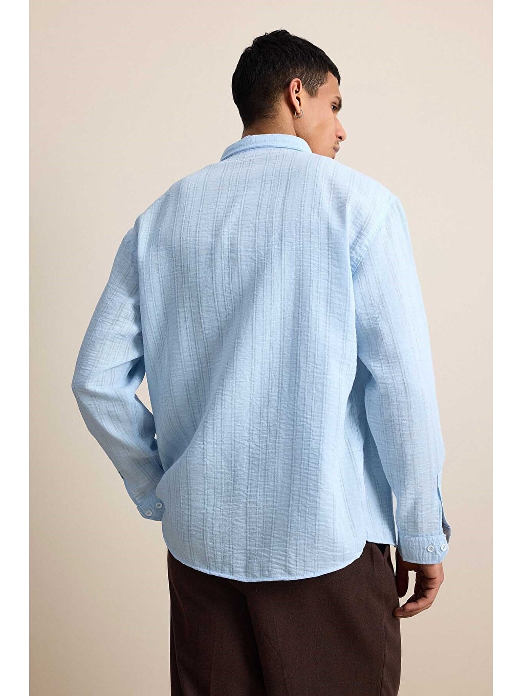Erkek Relaxed Fit İnce Tekstürlü Gömlek Açık Mavi-6