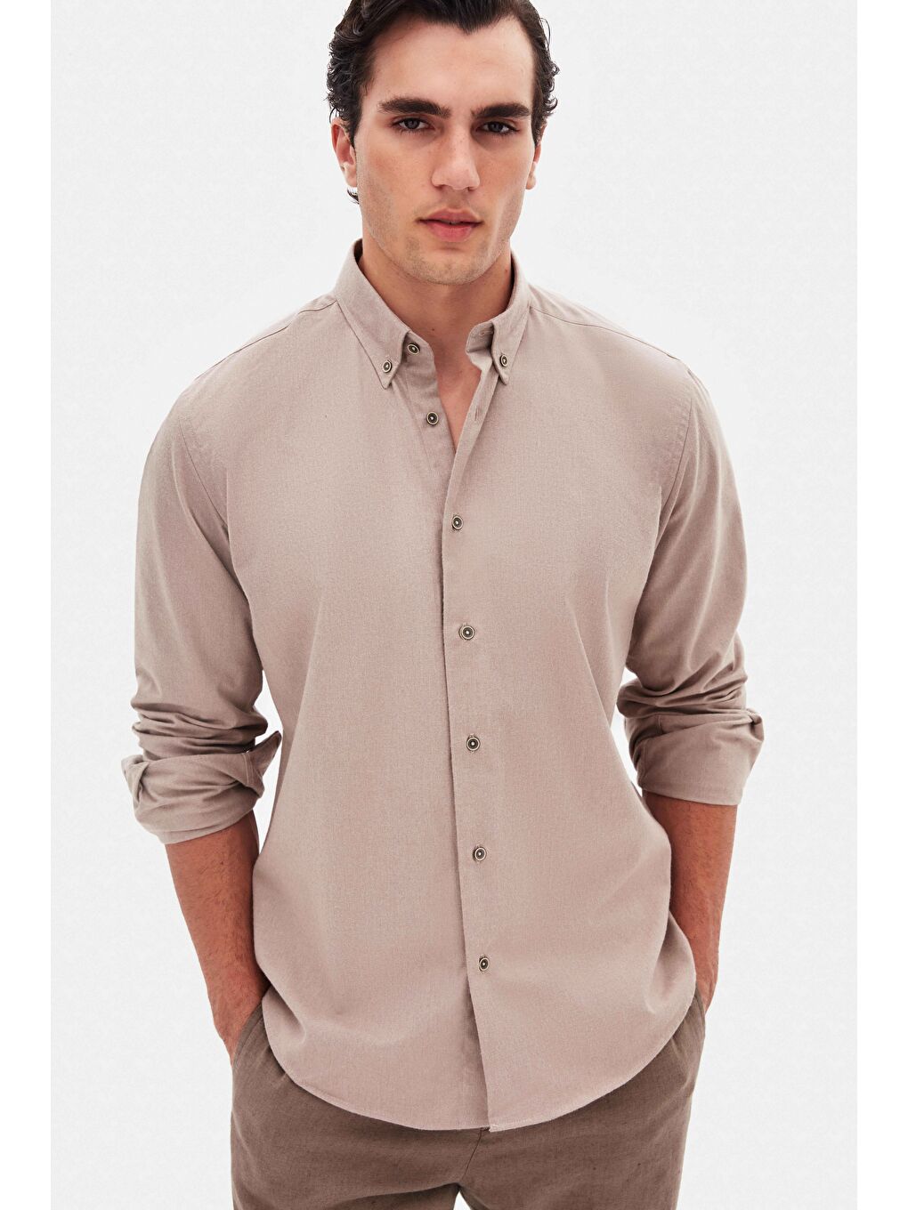 Bej Regular Fit Vizon Düz Kışlık Flanel Gömlek-1