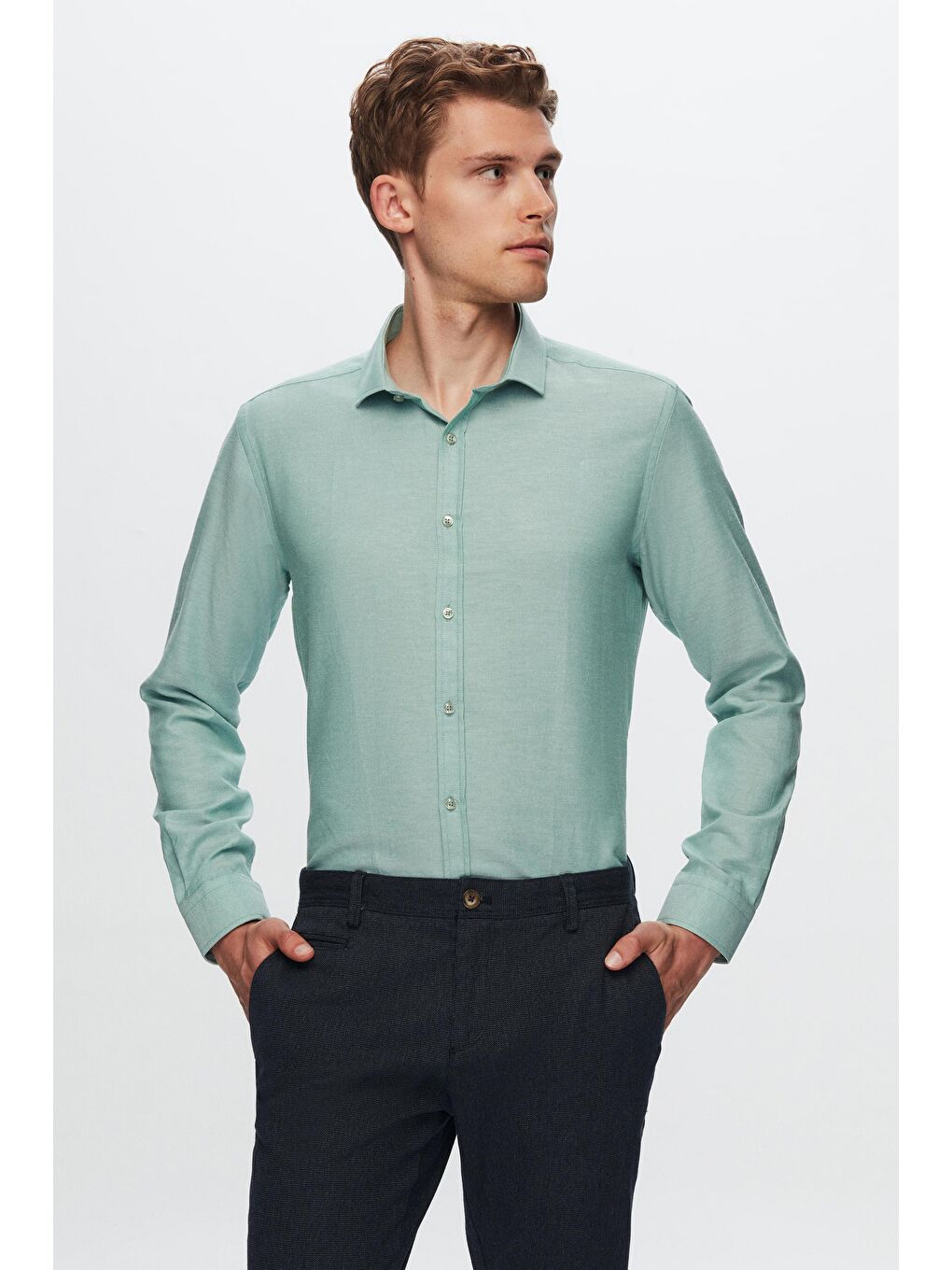 Slim Fit Yeşil Oxford Gömlek