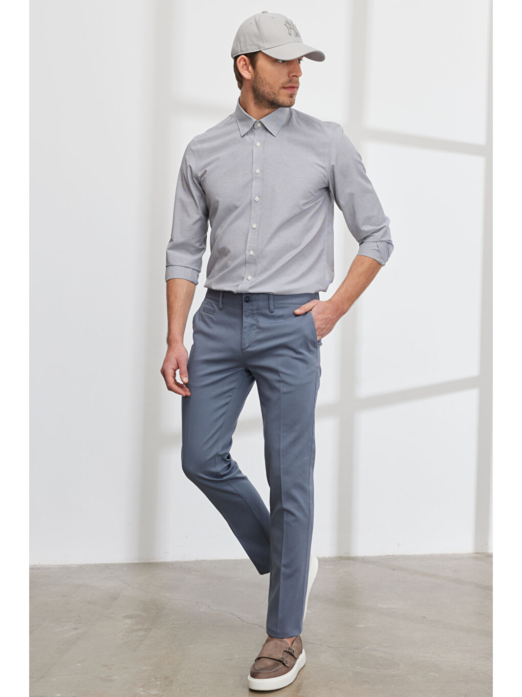 Erkek Petrol Slim Fit Dar Kesim Yan Cepli Pamuklu Esnek Armürlü Pantolon-4