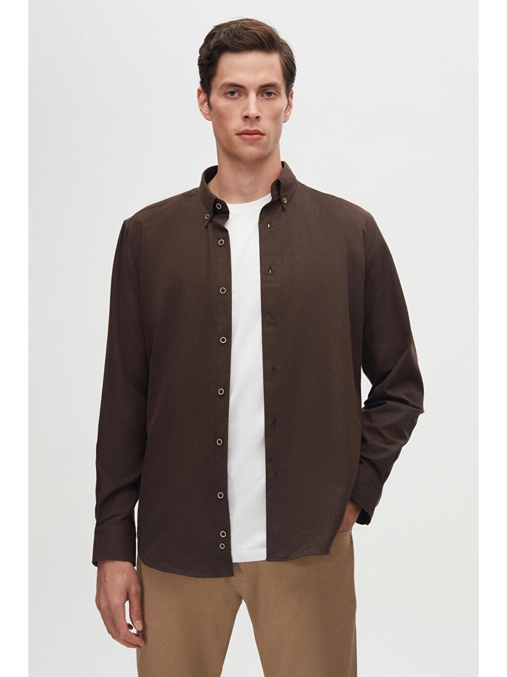 Kahverengi Regular Fit Koyu Kahve Düz Kışlık Flanel Gömlek-1