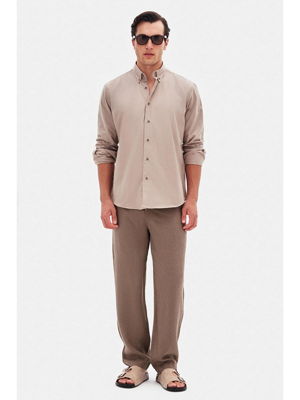 Bej Regular Fit Vizon Düz Kışlık Flanel Gömlek-2