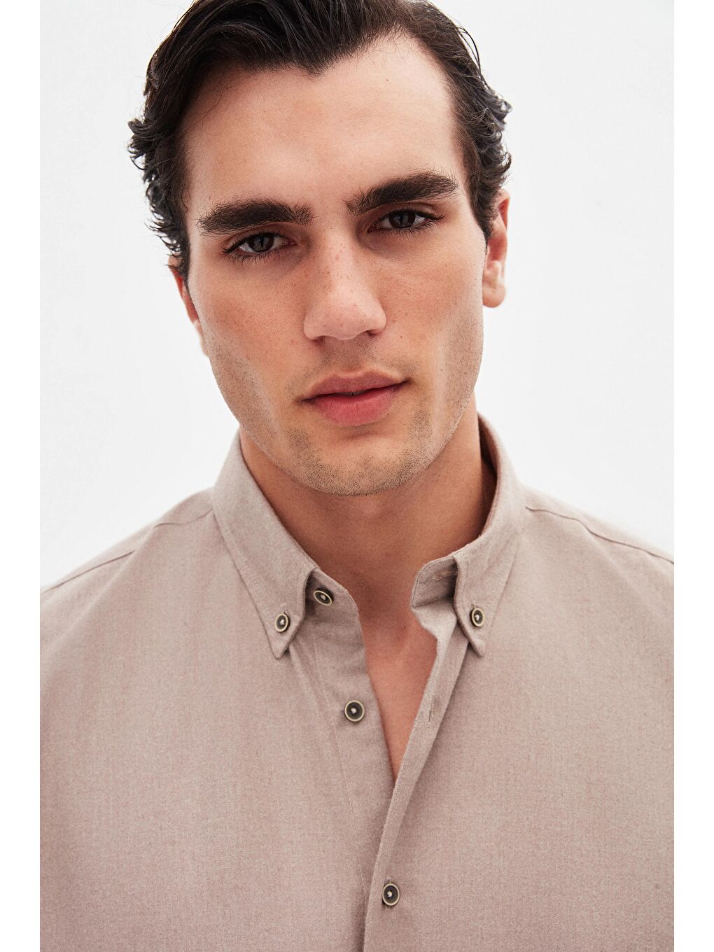 Bej Regular Fit Vizon Düz Kışlık Flanel Gömlek-3