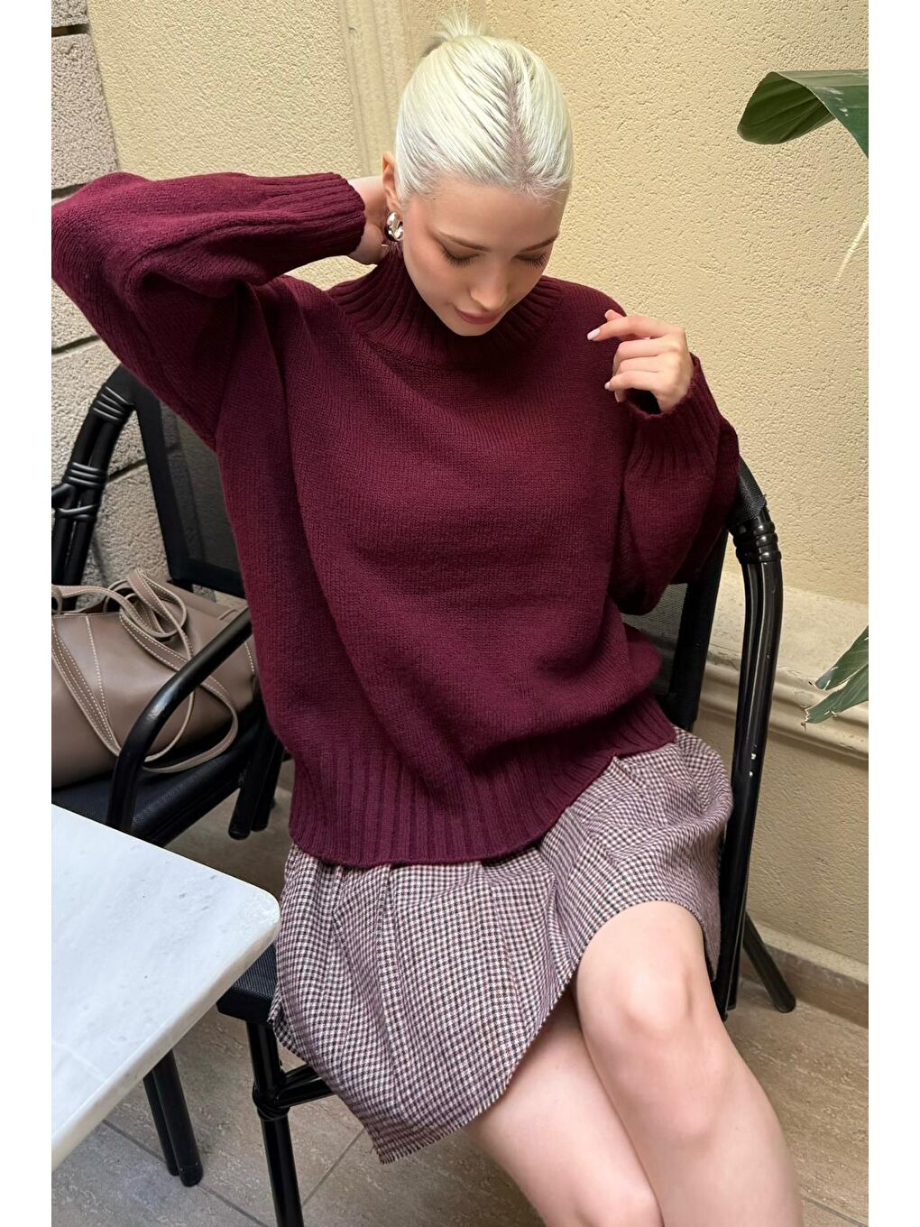 Bordo Boğazlı Kadın Triko Kazak Mg2535-3