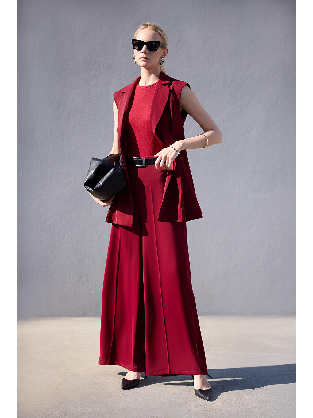 Bordo Pileli Kruvaze Yelek Pantolon Takım-1