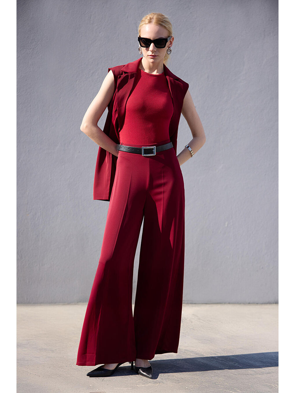 Bordo Pileli Kruvaze Yelek Pantolon Takım-2