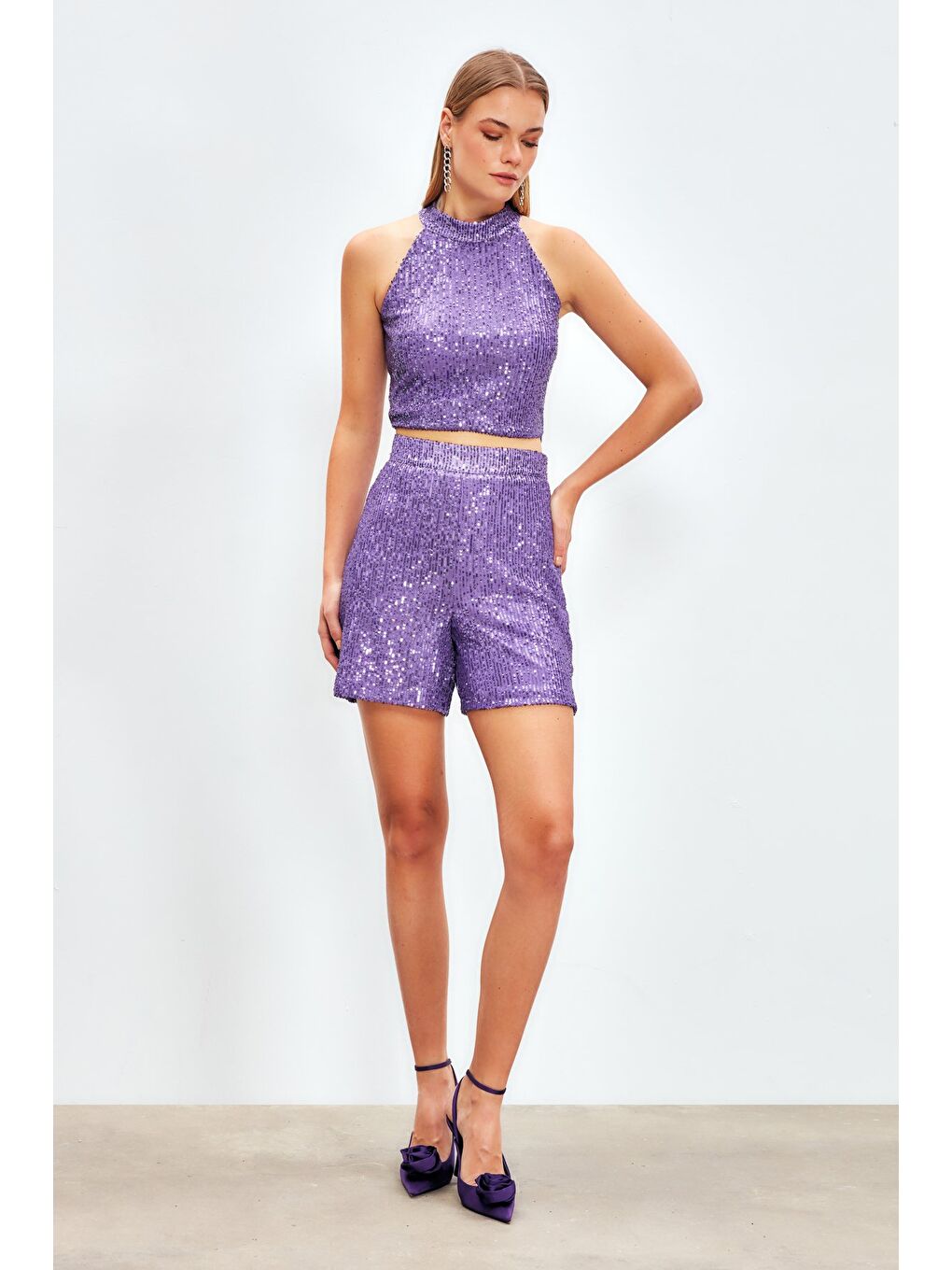 Payet Detaylı Şort - Mor-1