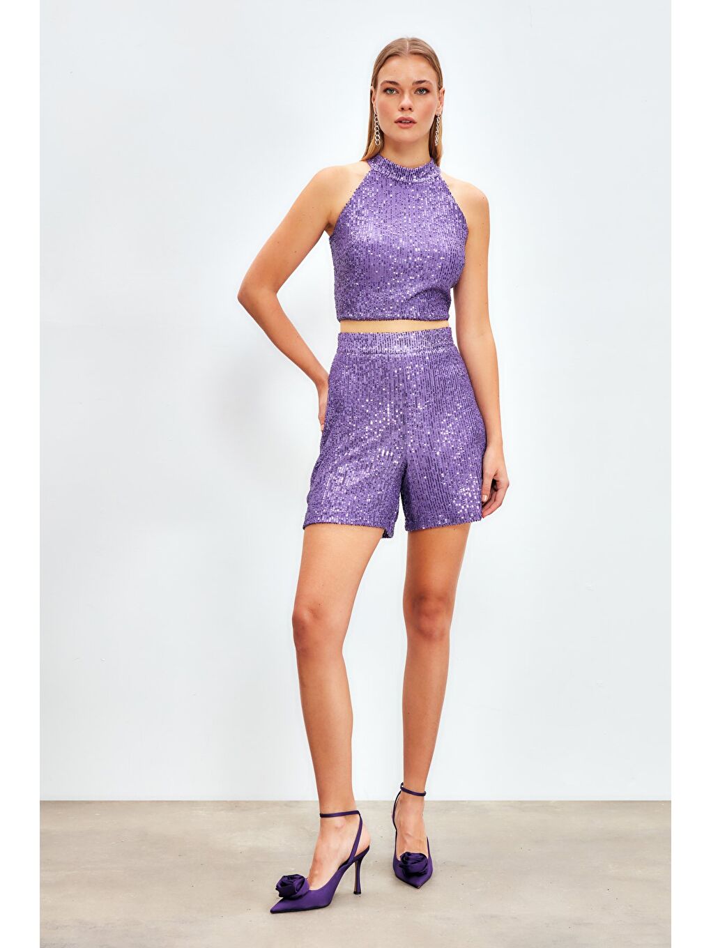Payet Detaylı Şort - Mor-2