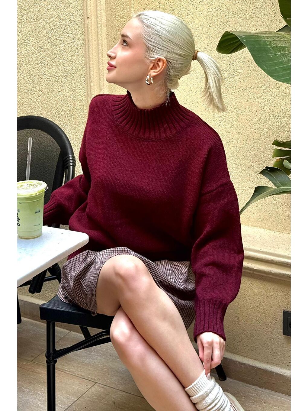 Bordo Boğazlı Kadın Triko Kazak Mg2535-4