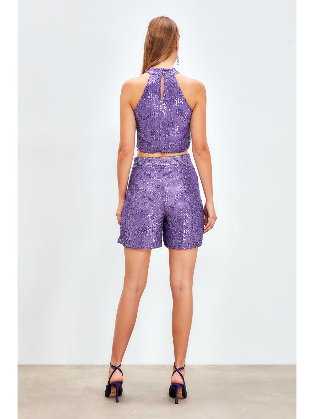 Payet Detaylı Şort - Mor-4